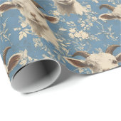 Papier Cadeau Têtes de chèvre et fleurs sur bleu (Coin rond)