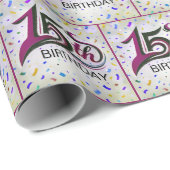 Papier Cadeau Texte du 15e anniversaire avec Confetti de fête (Coin rond)