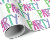 Papier Cadeau Texte du parti et Confetti en blanc (Coin rond)