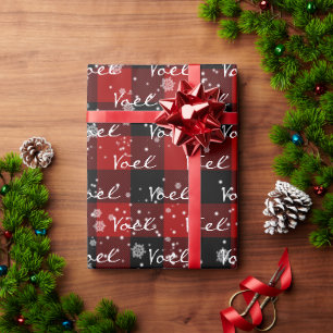 Papier Cadeau Texte NOEL de Noël sur carreaux aux flocons de nei