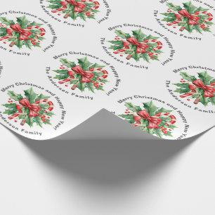 Papier Cadeau Texte personnalisé Noël Holly Berry Candy Cane Bla