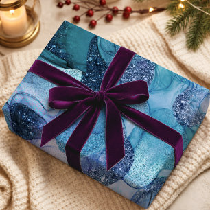 Papier Cadeau Texture de marbrure de fluide bleu aqua scintillan