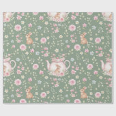 Papier Cadeau Théière Lapin Fantaisiste Motif Floral de Printemp (Plat)
