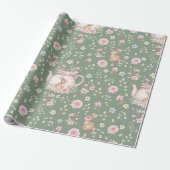 Papier Cadeau Théière Lapin Fantaisiste Motif Floral de Printemp (Déroulé)