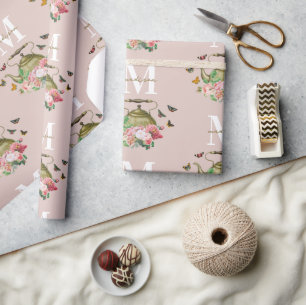 Papier Cadeau Théière Party Fleurs Roses et Papillons Monogramme