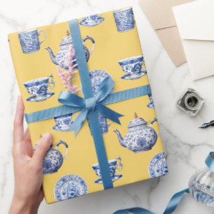 Papier Cadeau Théière Tasse Chinoiserie Bleue Vintage Toute Occa