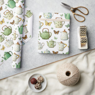 Papier Cadeau Théières Vertes Blanches Papillons Enterrement de