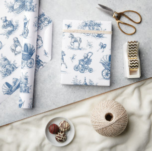 Papier Cadeau Thème bébé toile de Jouy bleue vintage
