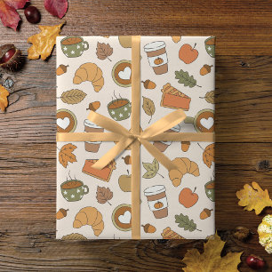 Papier Cadeau Thème café automnal épices de citrouille feuilles 