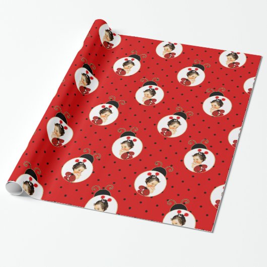 Papier Cadeau Thème coccinelle bébé fille rouge et points noirs (Déroulé)