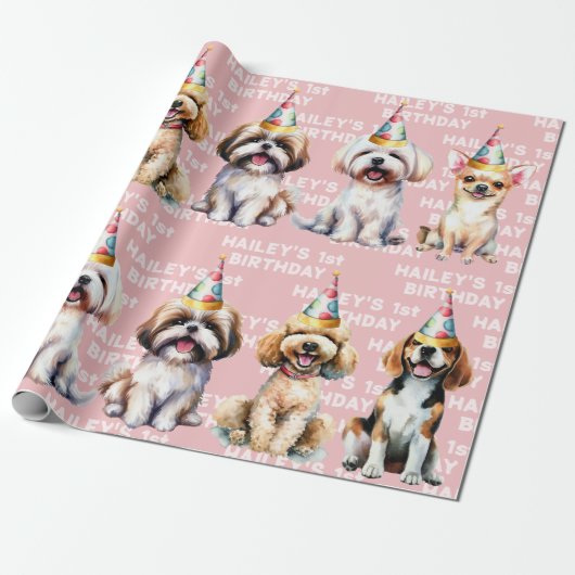 Papier Cadeau Thème de chien Anniversaire fête rose (Déroulé)