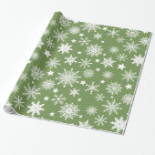 Papier Cadeau Thème de Noël Green White Snowflakes Motif (Déroulé)