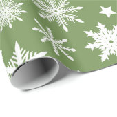 Papier Cadeau Thème de Noël Green White Snowflakes Motif (Coin rond)