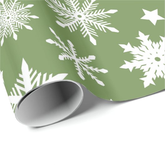 Papier Cadeau Thème de Noël Green White Snowflakes Motif (Coin rond)