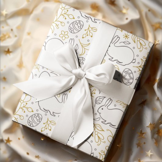 Papier Cadeau Thème de Pâques Motif Fleurs de lapin Oeufs