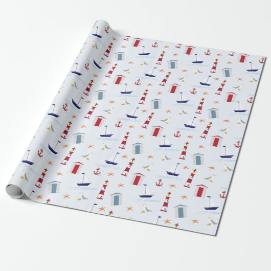 Papier Cadeau Thème nautique Pale Bleu Rouge Jaune Motif (Déroulé)