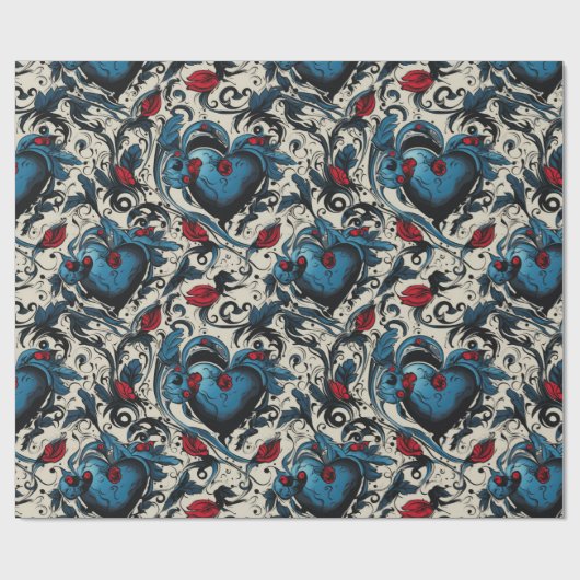 Papier Cadeau Thème numérique Blue Tattoo Hearts (Plat)