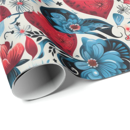 Papier Cadeau Thème numérique Blue Tattoo Hearts (Coin rond)