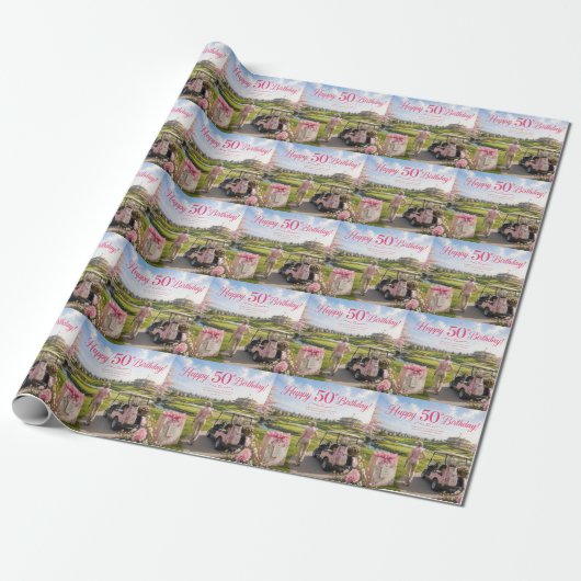 Papier Cadeau Thème rose pour les 50 ans d'une golfeuse (Déroulé)