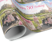 Papier Cadeau Thème rose pour les 50 ans d'une golfeuse (Coin rond)
