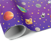 Papier Cadeau Thème spatial Astronaute, vaisseau spatial et plan (Coin rond)