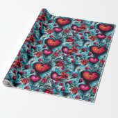 Papier Cadeau Thème Tattoo Blue Hearts (Déroulé)