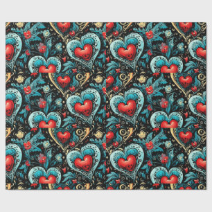Papier Cadeau Thème Tattoo Blue Red Hearts