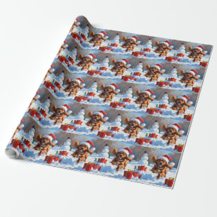 Papier Cadeau Tibétain Spaniel courant dans la neige avec un cha