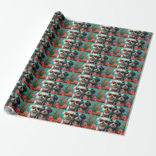 Papier Cadeau Tibetan Terrier avec des roses de cœur pour la Sai