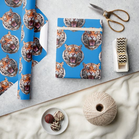 Papier Cadeau Tiger Head Pattern Design Blue  (Artisanat)