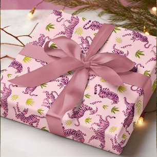 Papier Cadeau Tigers roses mignons Feuilles tropicaux Animal Abs