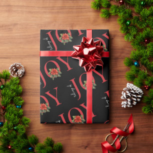 Papier Cadeau TIGES DE JOY RED CHRISTMAS POINSETTIA sur NOIR,