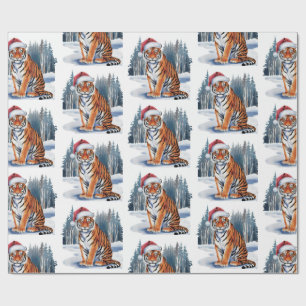 Papier Cadeau Tigre Branché avec Chapeau de Père Noël Noël