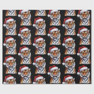 Papier Cadeau Tigre Branché avec Chapeau de Père Noël Noël Noir 