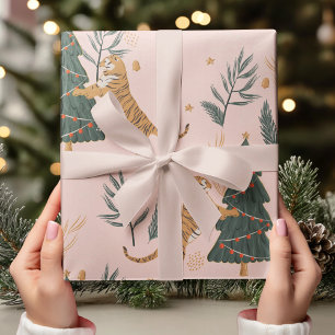 Papier Cadeau Tigre de Noël Vintage avec arbre de Noël rose