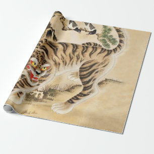 Papier Cadeau Tigre Minhwa vintage sous un pin