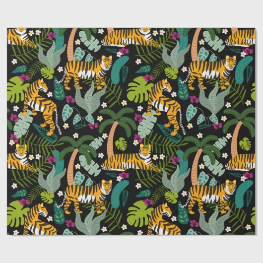 Papier Cadeau Tigre tropical Forêt botanique Noire Jungle Safari (Plat)