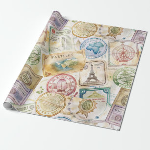 Papier Cadeau Timbre de passeport rustique motif de voyage (8)