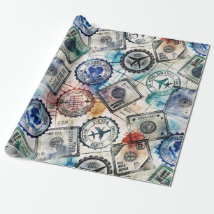 Papier Cadeau Timbre de passeport rustique motif voyage (2)