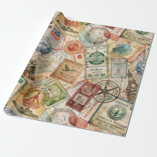 Papier Cadeau Timbre de passeport rustique motif voyage (5)