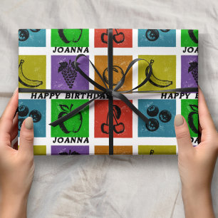 Papier Cadeau Timbres de fruits à damier arc-en-ciel Joyeux Anni