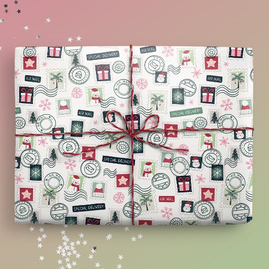 Papier Cadeau Timbres illustrées de courrier de Noël
