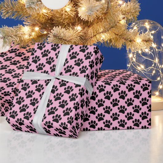 Papier Cadeau Tiny Dog Paw Print Pattern In Black and Pink (Vacances)
