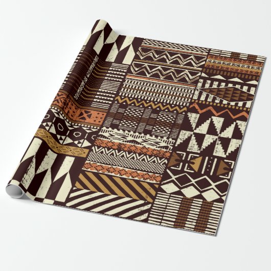Papier Cadeau Tissu tribal africain patchwork abstrait vin (Déroulé)