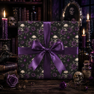 Papier Cadeau Titre Crâne gothique et roses violettes Fleurs som