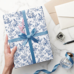 Papier Cadeau Toile Bleue De Jouy Bunny Pâques
