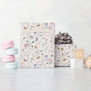 Papier Cadeau Toile-De-Jouy Élégante de Fleur Sauvage et Papillo
