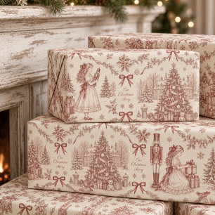 Papier Cadeau Toile de Jouy rouge vintage Notre histoire de Noël