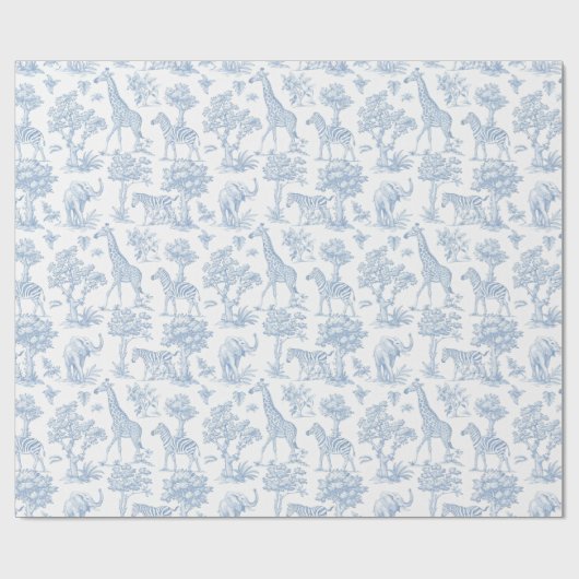 Papier Cadeau Toile de Jouy Safari animaux bleu poussiéreux élég (Plat)
