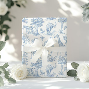 Papier Cadeau Toile de Jouy Safari animaux bleu poussiéreux élég